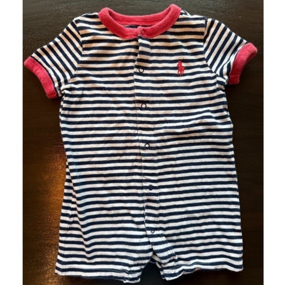 Polo Ralph Lauren Baby Striped Cotton Romper Navy White Red 6M